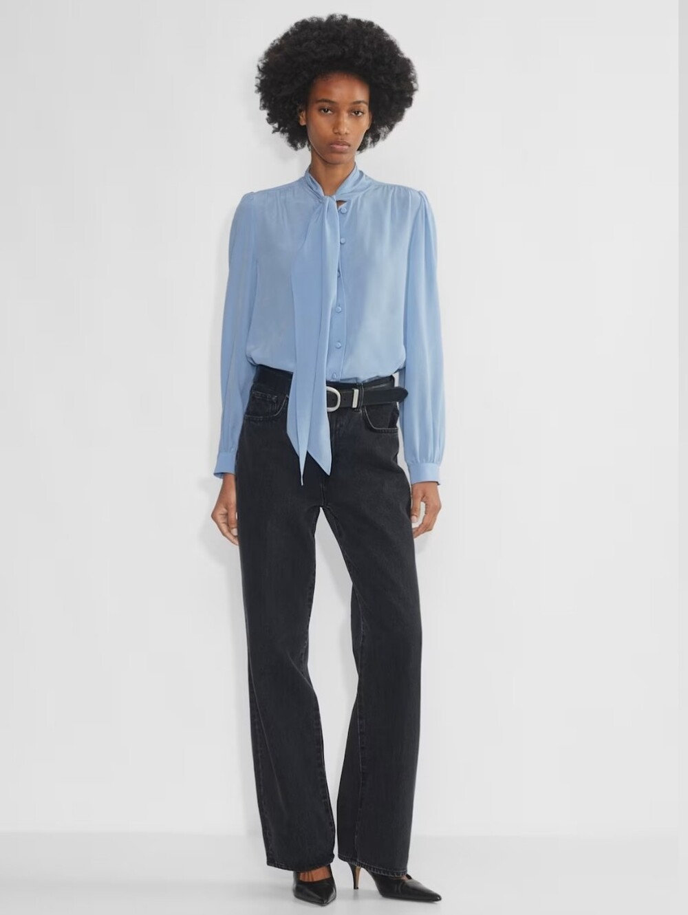 Wilfred 100% Silk Button Front Long Sleeve Blouse Size M Blue Office Luxury